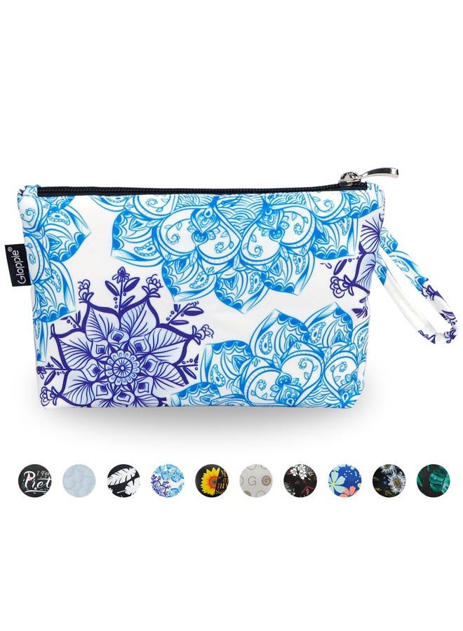Gloppie Cosmetic Bag Small Makeup Bag Summer Sunscreen Bag Waterproof Lipstick Bag Travel Purse Essentials White Blue Flower - Image 1