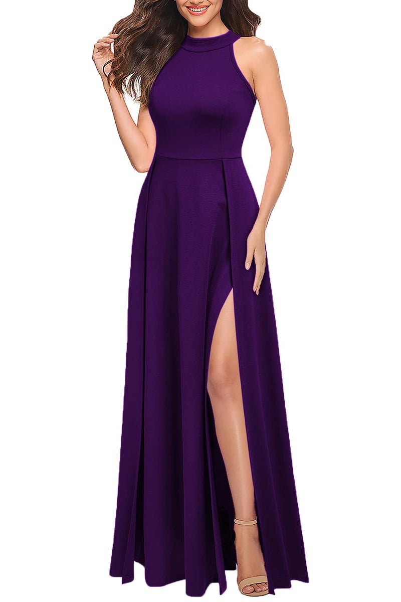 MUSHARE Women's Halter Neck Sexy Split Cocktail Party Maxi Long Formal Dress Purple - Image 3