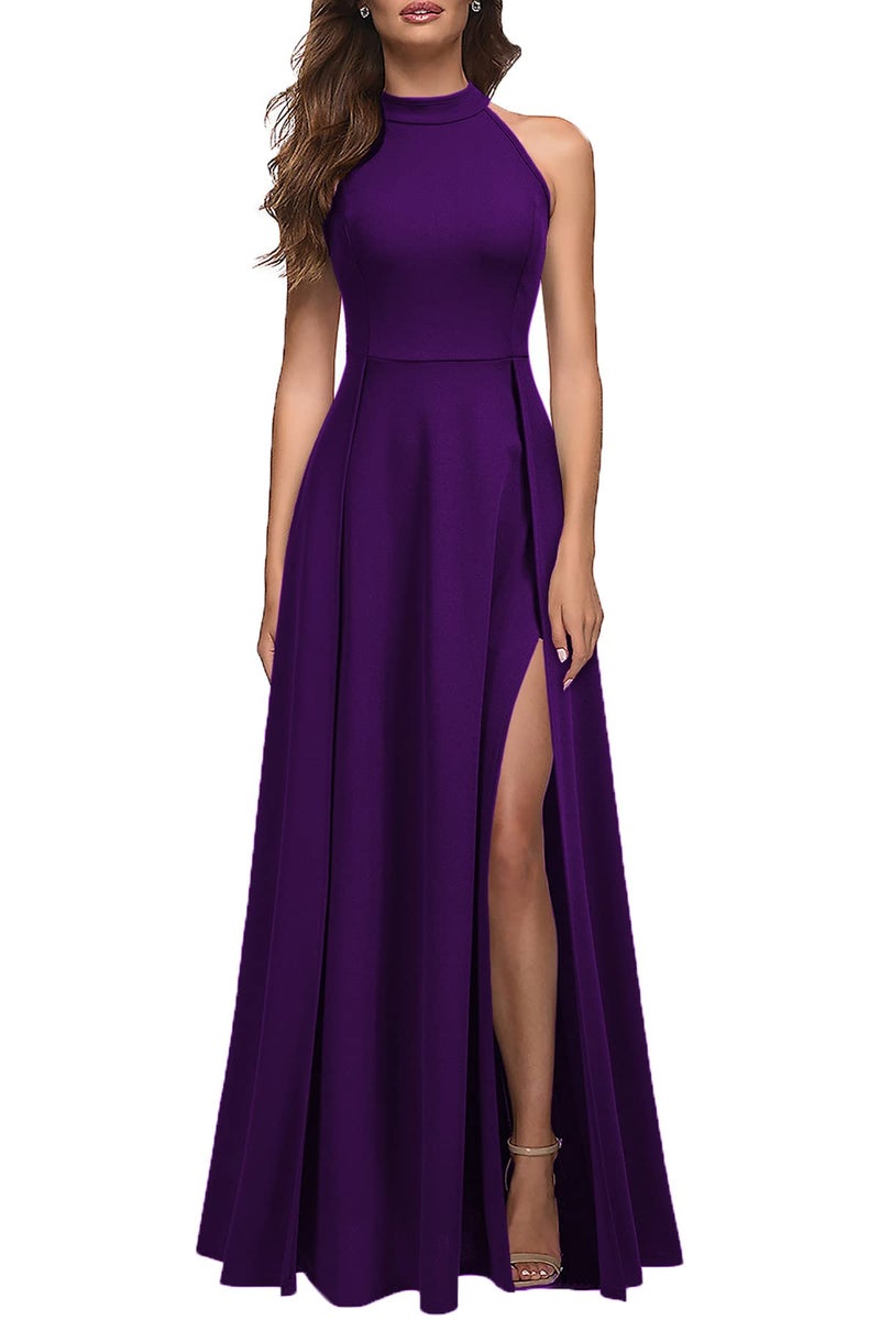 MUSHARE Women's Halter Neck Sexy Split Cocktail Party Maxi Long Formal Dress Purple - Image 1