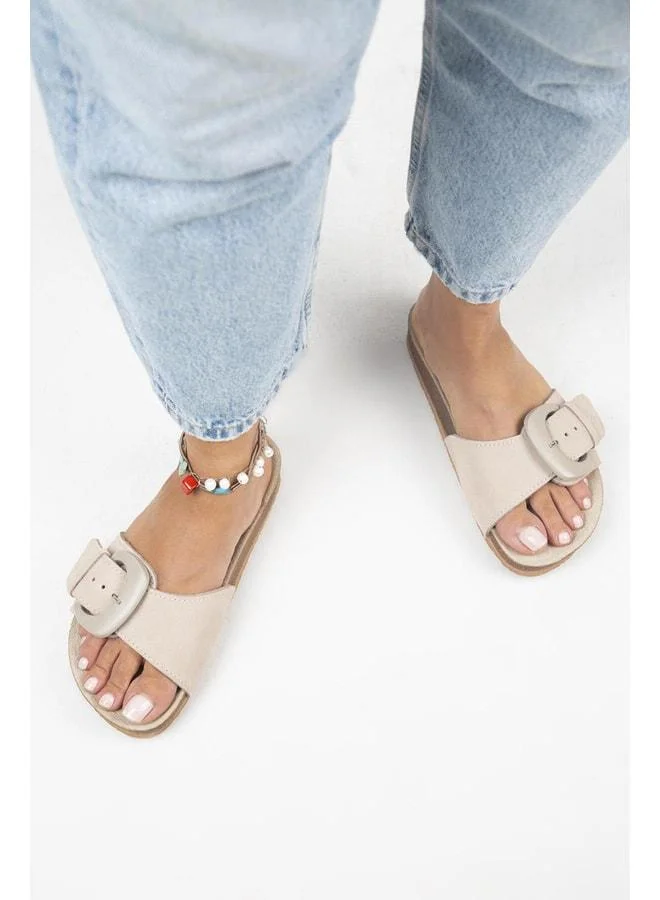 Alandra Genuine Leather Single Strap Beige Slipper.