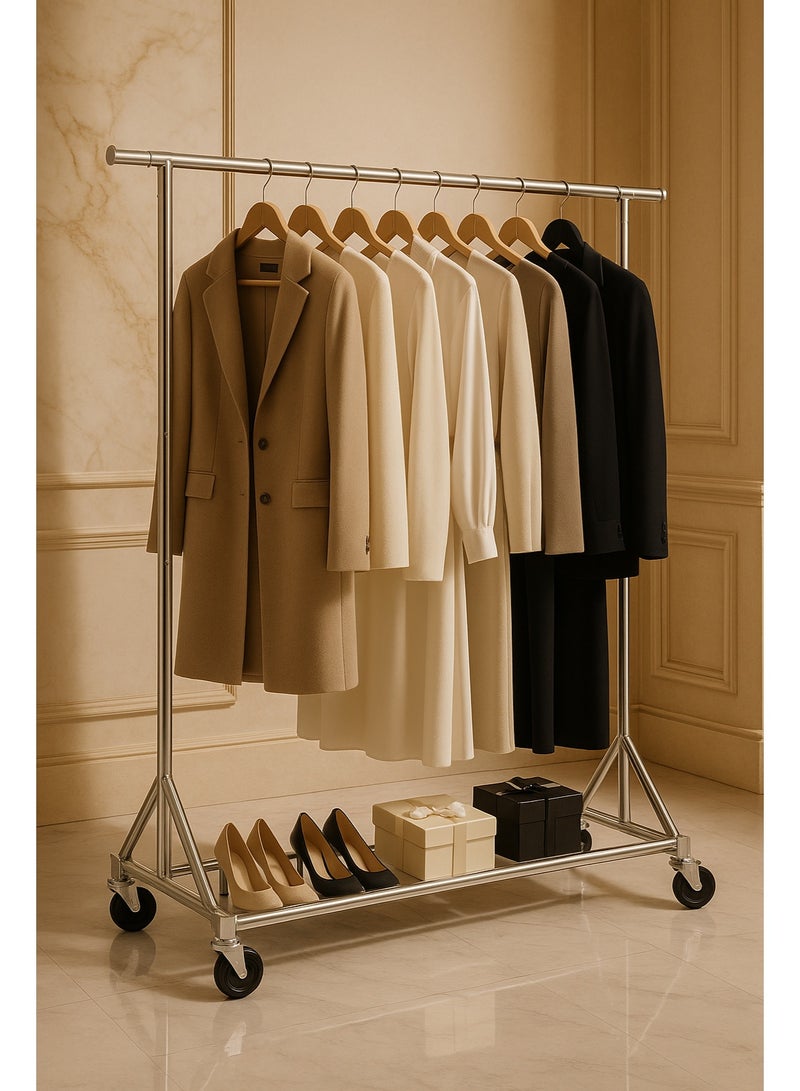ALMUFARREJ Luxury Stainless Steel Mobile Clothes Rack, extendable up to 226 cm in width and adjustable up to 163 cm in height, equipped with premium wheels for effortless movement and elegant organization