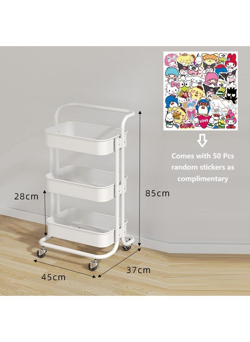 General 3-Layer Carbon Steel White Color Matching Small Cart Storage Rack Household Bedroom Baby Kitchen Movable Multi-Functional Storage Rack Comes With Random 50 Stickers  - Image 1
