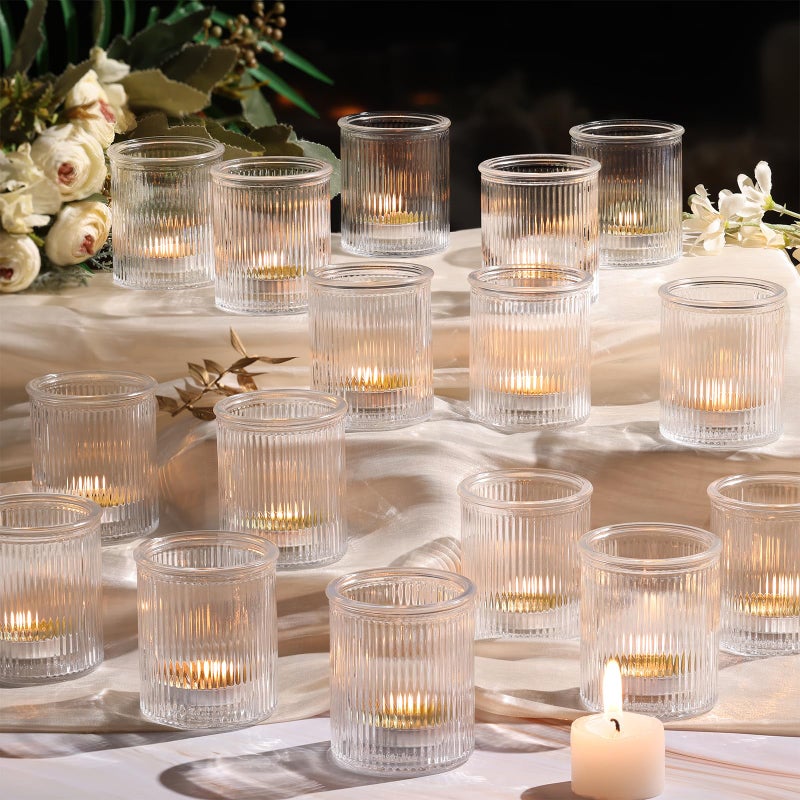 NITIME 32Pcs Ribbed Votive Candle Holders, Clear Tea Light Candle Holder for Wedding Table Decor, Glass Candle Holder for Bridal Shower Decor, Home and Holiday Decor - Image 1