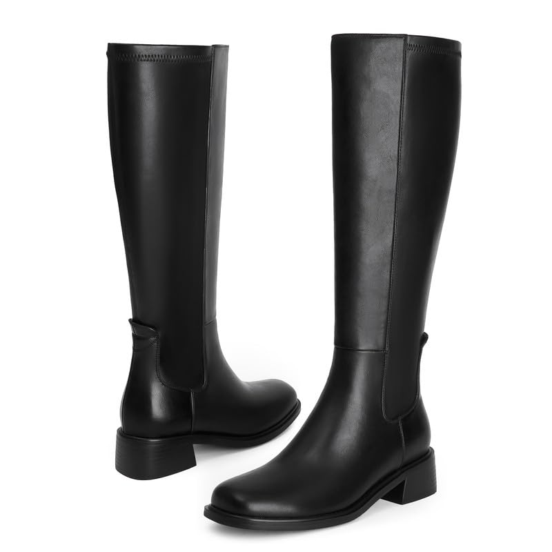QIY Knee High Boots for Women Chunky Heel Black Stretch Tall Boots for Women Fall Calf High Heeled Long Leather Square Toe Boot Low Heel Size 9.5 - Image 5