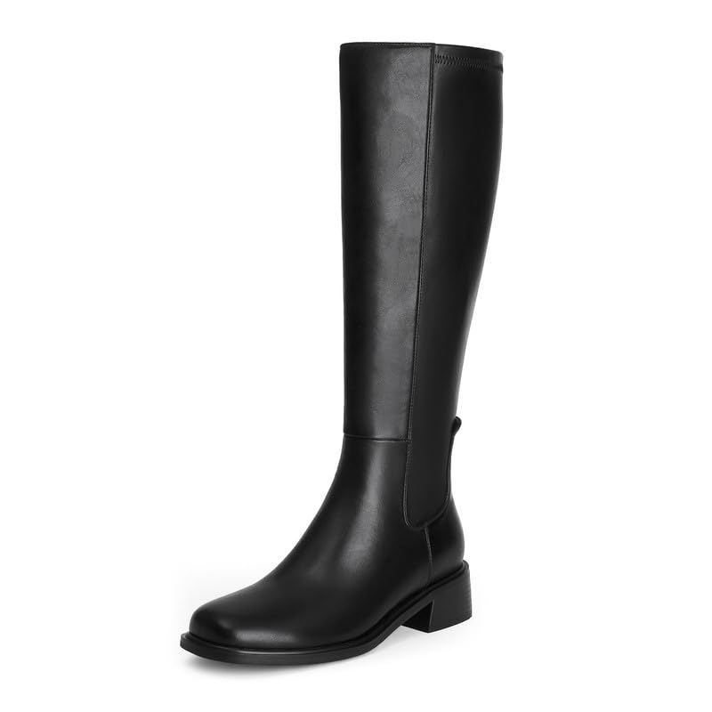 QIY Knee High Boots for Women Chunky Heel Black Stretch Tall Boots for Women Fall Calf High Heeled Long Leather Square Toe Boot Low Heel Size 9.5 - Image 1