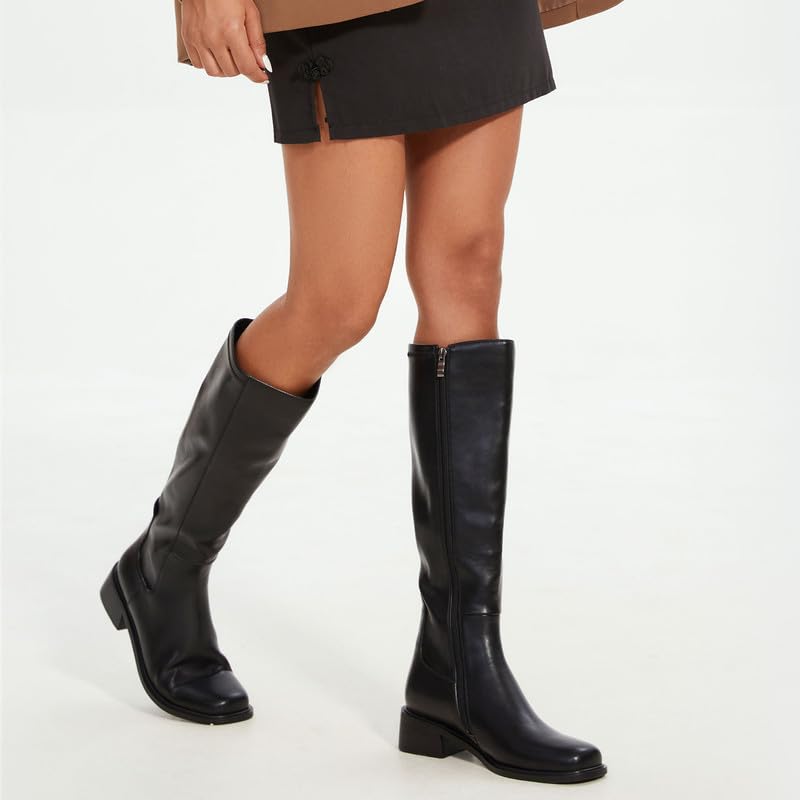 QIY Knee High Boots for Women Chunky Heel Black Stretch Tall Boots for Women Fall Calf High Heeled Long Leather Square Toe Boot Low Heel Size 9.5 - Image 3