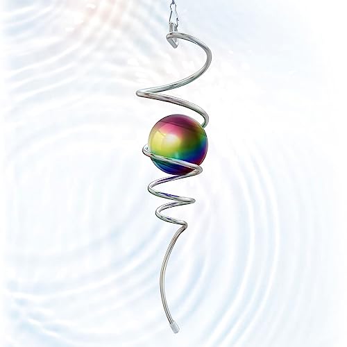 Eiryhope Gazing Ball Spiral Tail, Wind Spinner Stabilizer with Multi Color Sphere & Swivel Hook, Sun Catcher 11" Tail and 2" Stainless Steel Orb, Indoor Outdoor Garden Decor, Creative Gifts 13 inch - Image 1