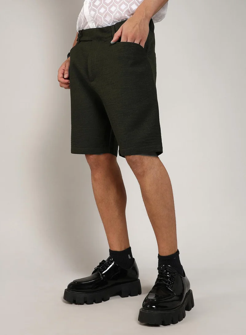 Campus Sutra Men's Army Green Tailored Poly-Linen Shorts