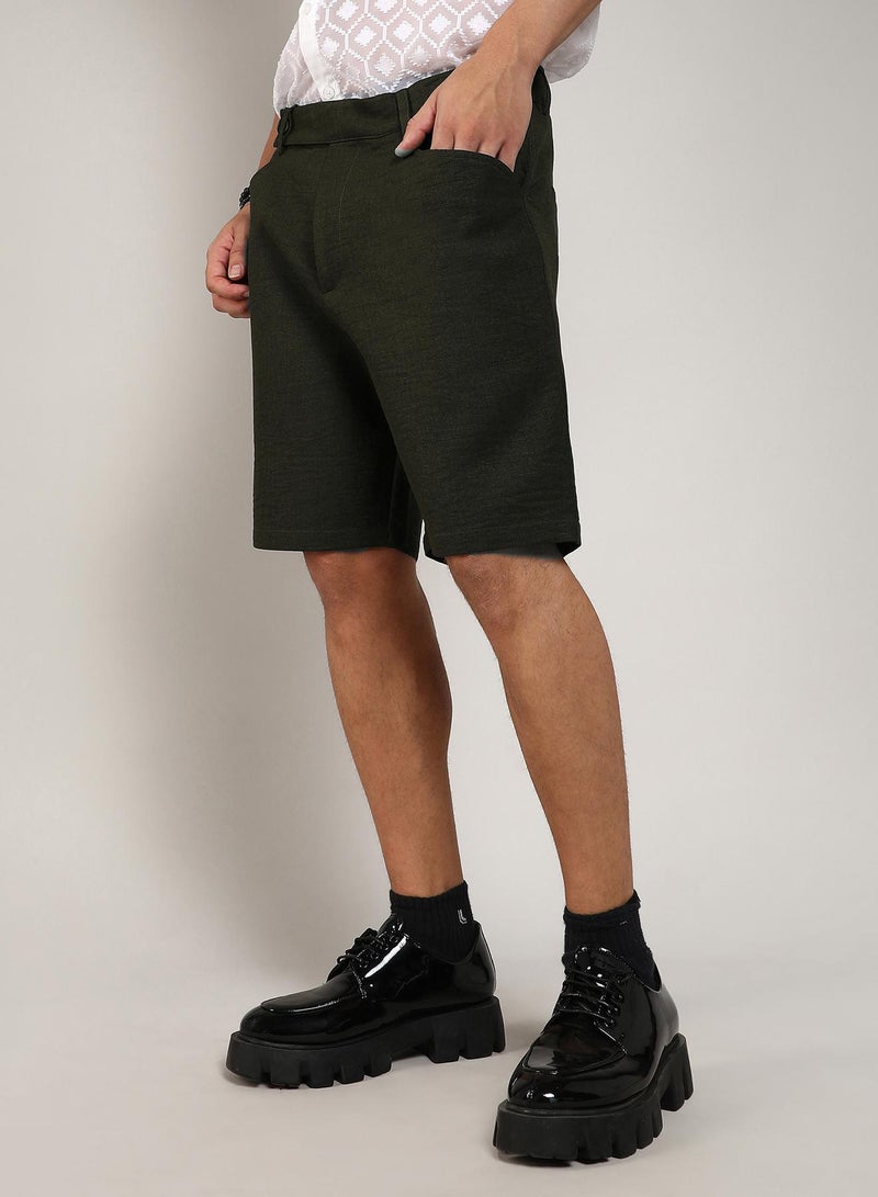 Campus Sutra Men's Army Green Tailored Poly-Linen Shorts - Image 2