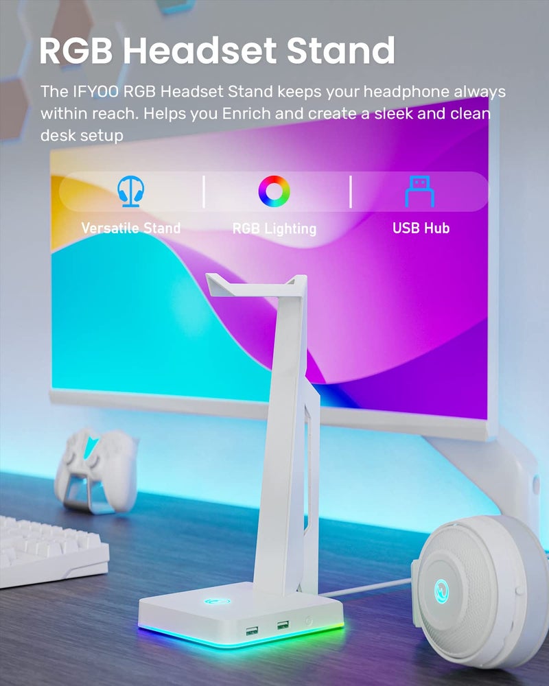 IFYOO RGB Gaming Headset Stand with 2 USB Ports, Game Headphone Mount for PC, Xbox One, PS4, Switch, Earphone Holder Hanger, Great for Gaming Stations, Fancy Desk Gamer Accessories, White - Image 2