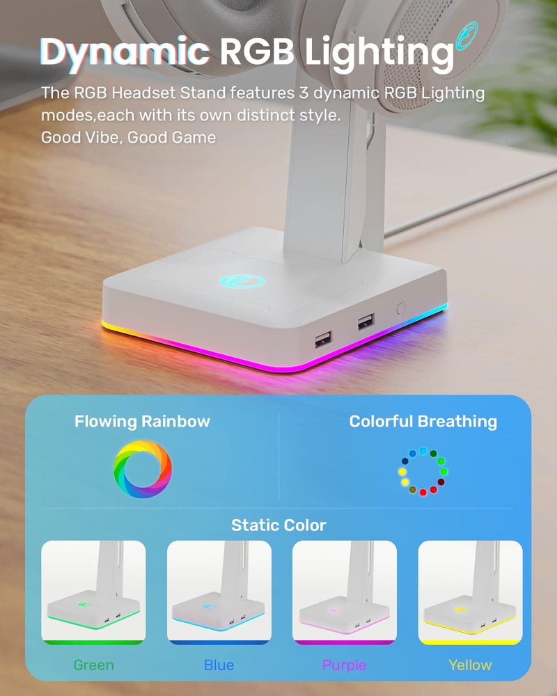 IFYOO RGB Gaming Headset Stand with 2 USB Ports, Game Headphone Mount for PC, Xbox One, PS4, Switch, Earphone Holder Hanger, Great for Gaming Stations, Fancy Desk Gamer Accessories, White - Image 3