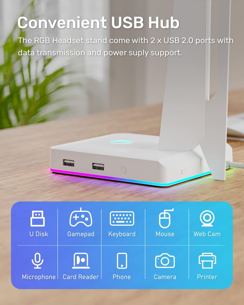 IFYOO RGB Gaming Headset Stand with 2 USB Ports, Game Headphone Mount for PC, Xbox One, PS4, Switch, Earphone Holder Hanger, Great for Gaming Stations, Fancy Desk Gamer Accessories, White - Image 4