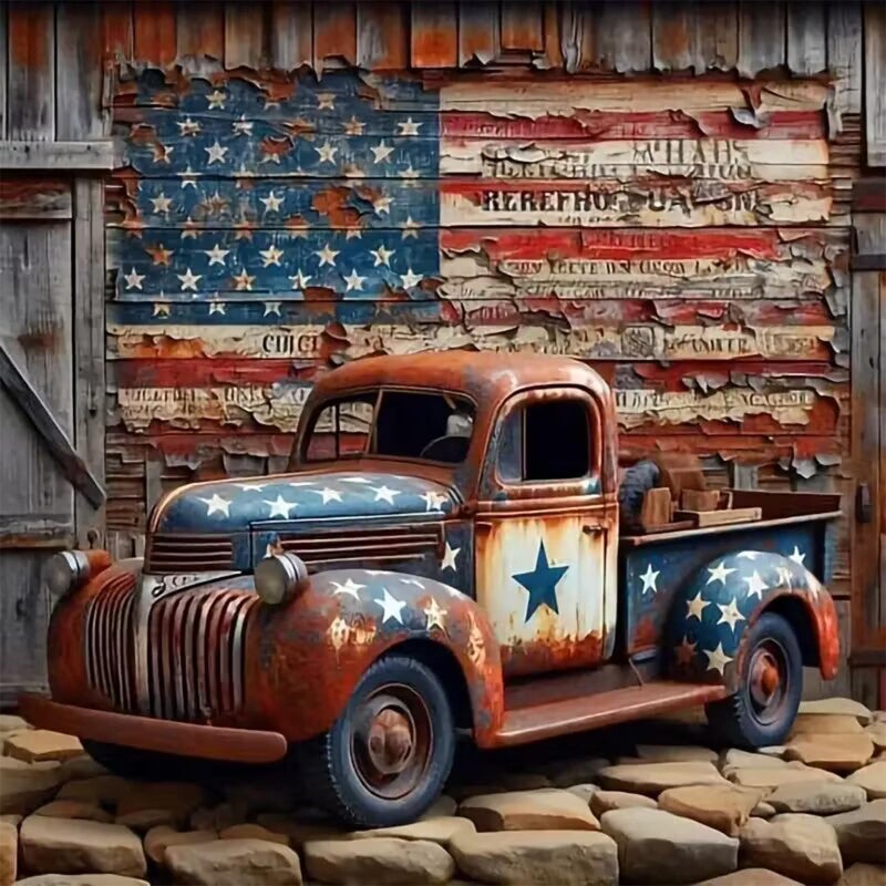 CHWGLFGG 5D Truck Diamond Art Kits for Adults BeginnersDIY Full Round Drill Diamond Painting Kits American Flag Paint by Diamonds Dot Gem Art Crystal EasyHome Wall Decor 137X 137Inch