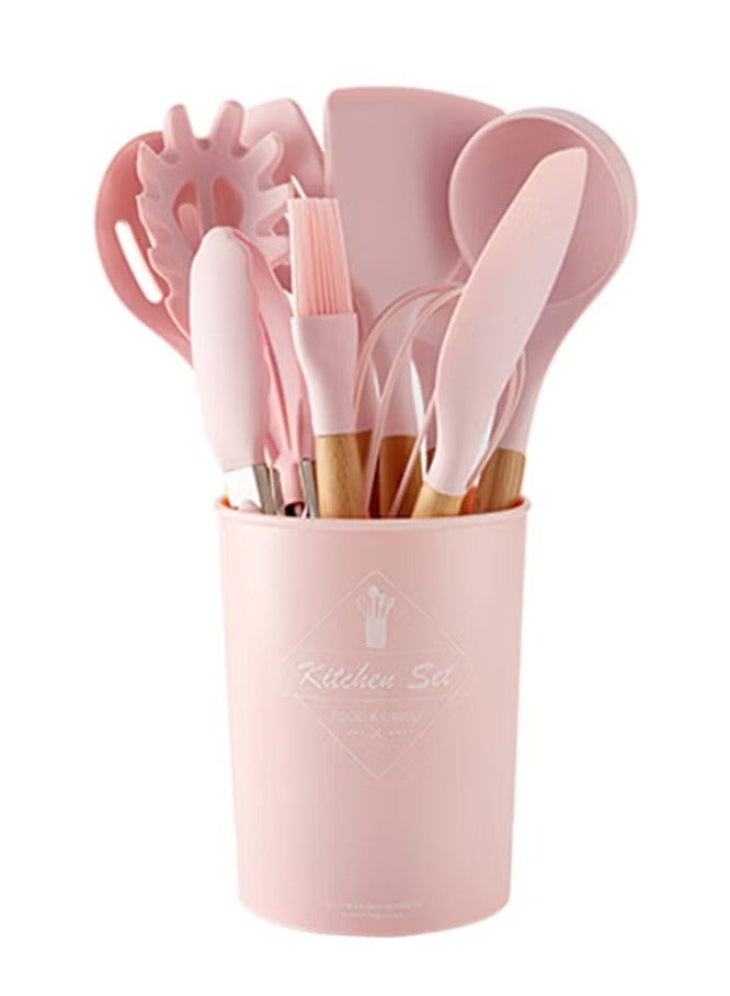 12 Piece Barreled Cooking Utensils Set With Wooden Handle Pink/Brown - Image 1
