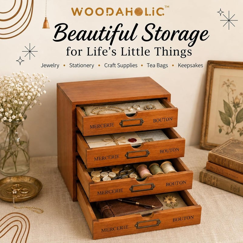 Primo Supply Vintage Aged Look Home Office Desk Organizer with 4 Drawers - Rustic Dresser - Wooden Storage Box Desktop Storage - Decorative Boxes with Lids for School & Office Supplies - Stackable Daily Storage - Image 3