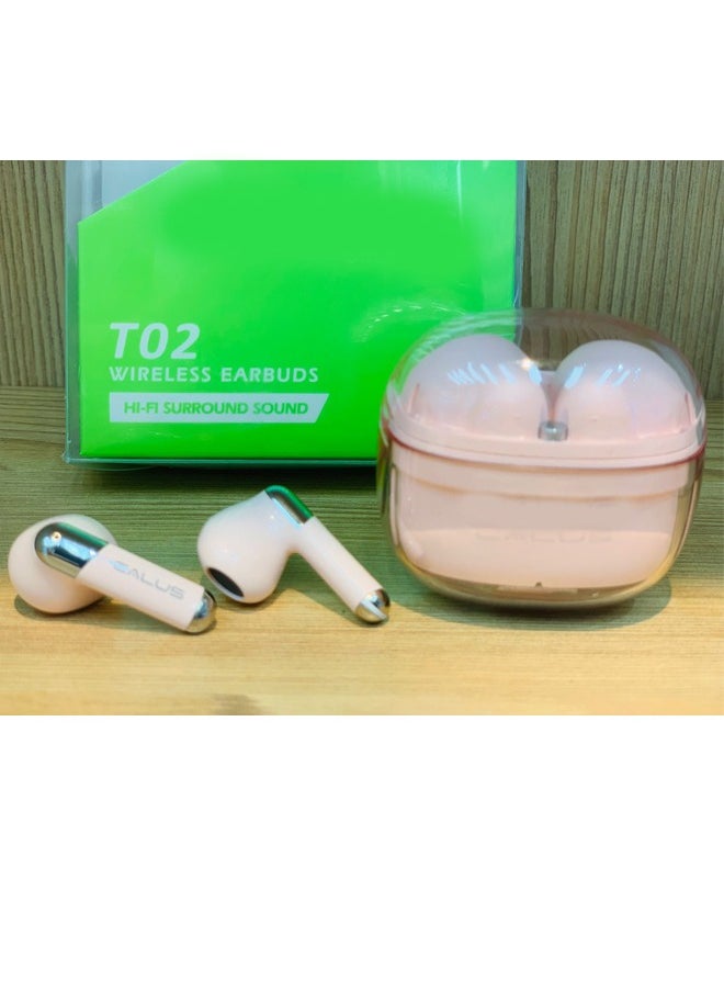 T02 Wireless in-Ear Bluetooth Headset with Charging Case Built-in Microphone HiFi Pro Sound Quality Enhanced Noise Cancellation Extra Long Working Time Waterproof Headset Pink