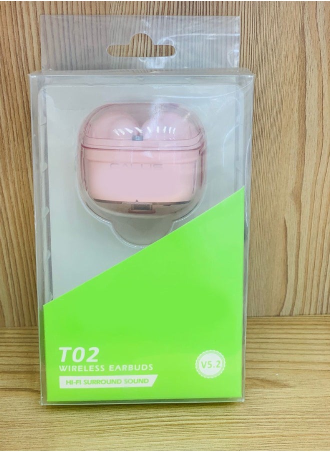 T02 Wireless in-Ear Bluetooth Headset with Charging Case Built-in Microphone HiFi Pro Sound Quality Enhanced Noise Cancellation Extra Long Working Time Waterproof Headset Pink