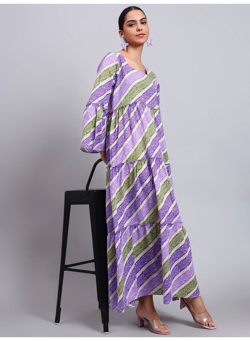 الايا جلابية قطنية مطبوعة للنساء بأكمام الجرس وياقة مربعة - Image 3