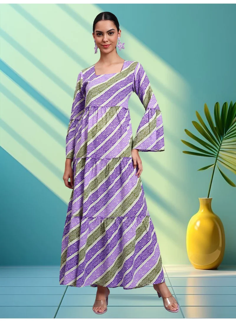 Women Printed Cotton Jalabiya with Bell Sleeves & Square Neckline-AL4050
