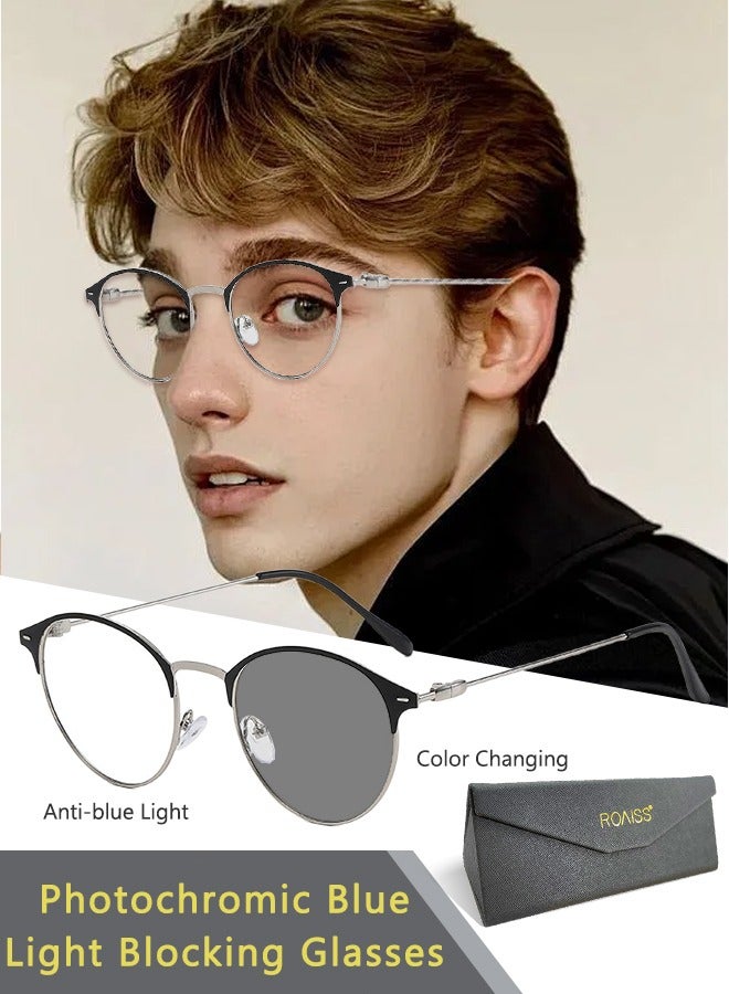 roaiss Blue Light Blocking Sunglasses Anti UV and Glare Blue Light Filter Computer Glasses Round Color Changing Eyewear for Men Women Black Silver - Image 1