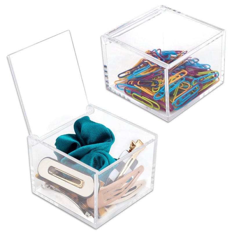 Deoot 2 Pack Small Clear Acrylic Organizer with Lid for Paper Clips,Sticky Note,Qtip,Cotton Balls,Hair Ties Holder Acrylic Box for Home office Bathroom Desk Organizer - Image 1