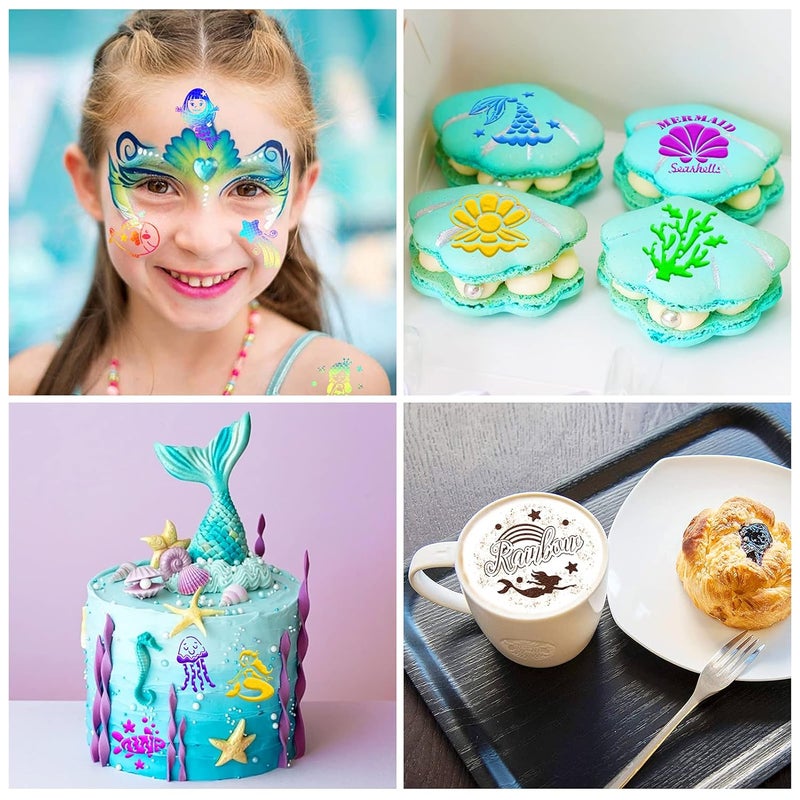 Konsait Cookie Stencil Template, Konsait 25Pack Mermaid Reusable Cake Decorating Stencils for Children Girls Birthday Party Favors,Royal Icing Cake Coffee Mousse Pastry Dessert Decorating Kit for Party Decor - Image 3