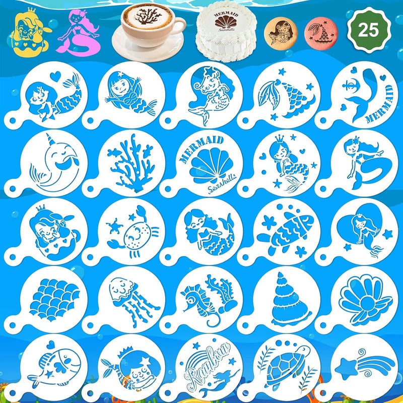 Konsait Cookie Stencil Template, Konsait 25Pack Mermaid Reusable Cake Decorating Stencils for Children Girls Birthday Party Favors,Royal Icing Cake Coffee Mousse Pastry Dessert Decorating Kit for Party Decor - Image 1