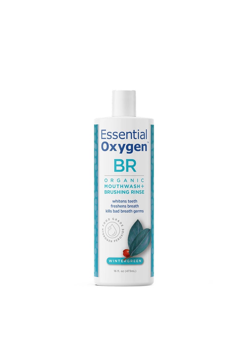 Essential Oxygen Essential Oxygen Certified BR Organic Brushing Rinse, All Natural Mouthwash for Whiter Teeth, Fresher Breath, and Happier Gums, Alcohol-Free Oral Care, Wintergreen, 16 Ounce 