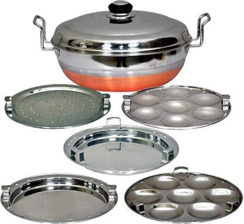 Multi Kadhai Copper Bottom Stainless Steel Multi Kadhai/Idly Maker/Steamer/Dhokla Maker/Patra Maker All-in-One Stainless Steel Multi Kadhai Steamer with Copper - Image 1