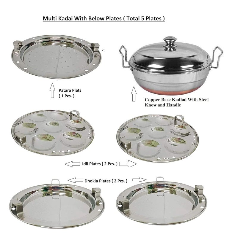 Multi Kadhai Copper Bottom Stainless Steel Multi Kadhai/Idly Maker/Steamer/Dhokla Maker/Patra Maker All-in-One Stainless Steel Multi Kadhai Steamer with Copper - Image 2