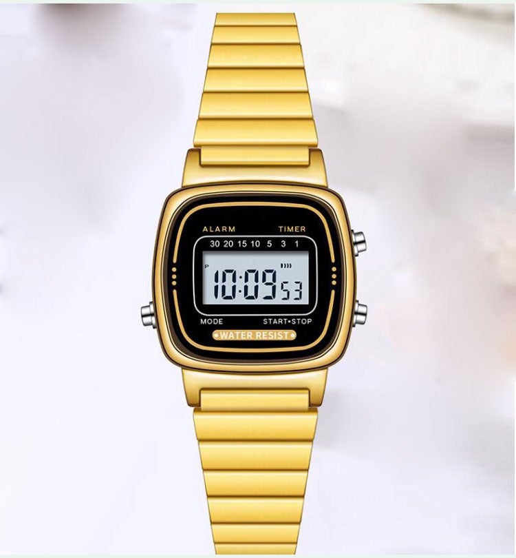 Waterproof LED Digital Watch Steel Band Golden black surface