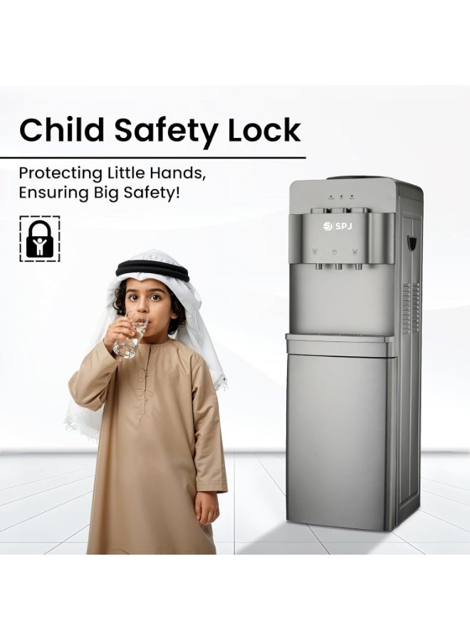 SPJ 12.5L Top Load Water Dispenser with  Storage Cabinet, 3 Taps Hot Cold Normal, Floor Standing Water Cooler, Child Safety Lock, Antibacterial Body, Grey - Image 4