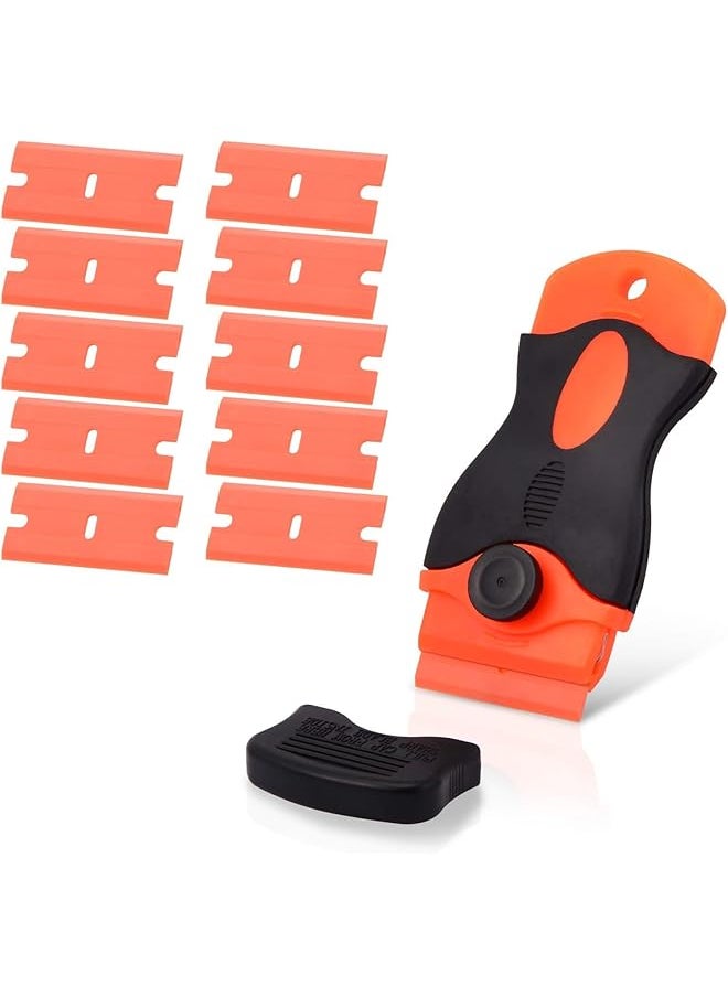 PROMASS Plastic Scraper with 10 Plastic Razor Blade, Adhesive Remover, Sticky Remover for Removing Lable, Glue, Decal in The Glass, Window, Floor, Orange  - Image 1