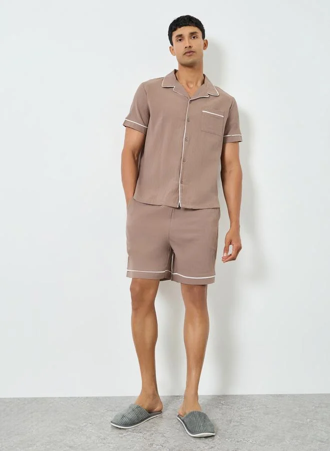 Styli Men Brown Piping Detail Shirt and Shorts Set