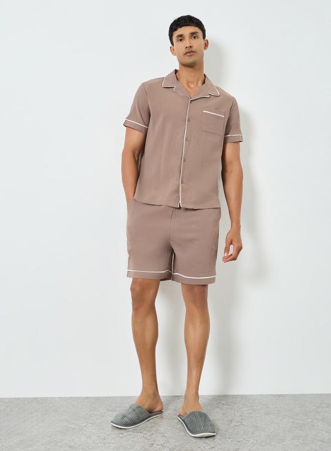 Styli Men Brown Piping Detail Shirt and Shorts Set - Image 2