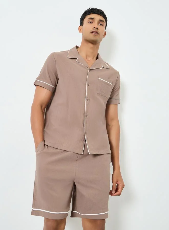 Men Brown Piping Detail Shirt and Shorts Set