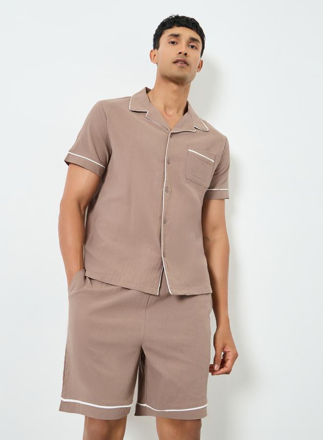 Styli Men Brown Piping Detail Shirt and Shorts Set - Image 1