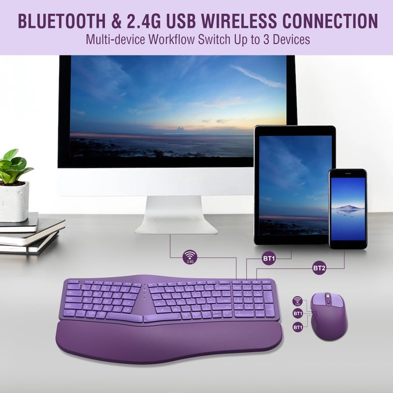 QUASIO MK960 Ergonomic Wireless Keyboard Mouse Combo, Bluetooth/2.4G Split Design Keyboard with Palm Rest and 4 Level DPI Adjustable Wireless Mouse Multi-Device, Rechargeable, for Windows/Mac/Android(Purple) - Image 3