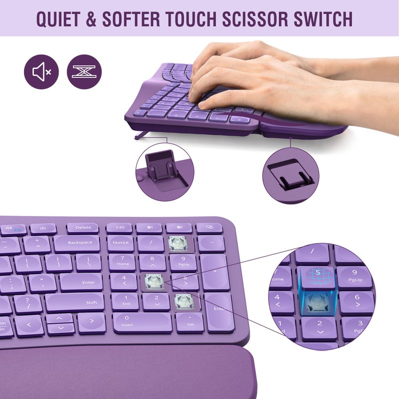 QUASIO MK960 Ergonomic Wireless Keyboard Mouse Combo, Bluetooth/2.4G Split Design Keyboard with Palm Rest and 4 Level DPI Adjustable Wireless Mouse Multi-Device, Rechargeable, for Windows/Mac/Android(Purple) - Image 5
