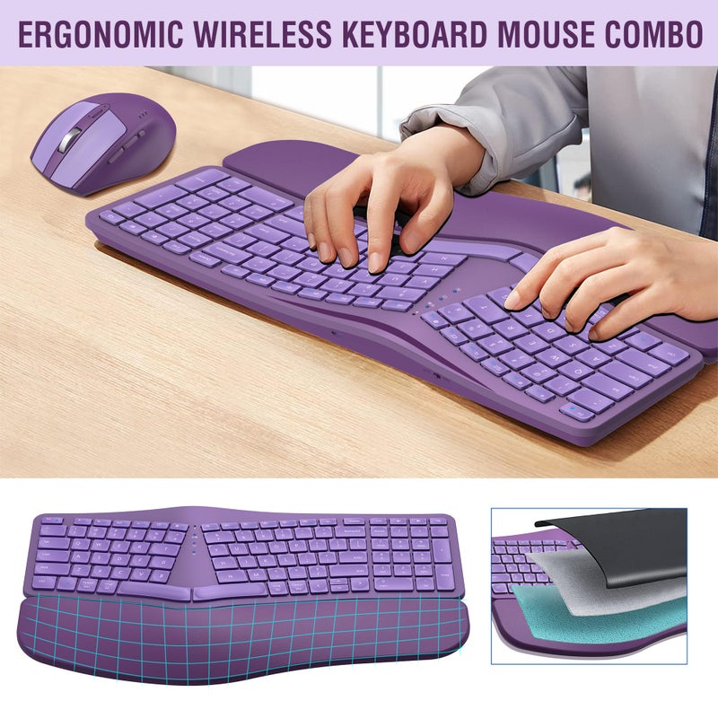 QUASIO MK960 Ergonomic Wireless Keyboard Mouse Combo, Bluetooth/2.4G Split Design Keyboard with Palm Rest and 4 Level DPI Adjustable Wireless Mouse Multi-Device, Rechargeable, for Windows/Mac/Android(Purple) - Image 2