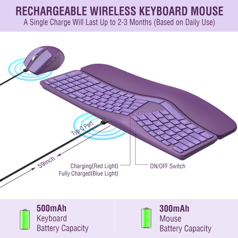 QUASIO MK960 Ergonomic Wireless Keyboard Mouse Combo, Bluetooth/2.4G Split Design Keyboard with Palm Rest and 4 Level DPI Adjustable Wireless Mouse Multi-Device, Rechargeable, for Windows/Mac/Android(Purple) - Image 4