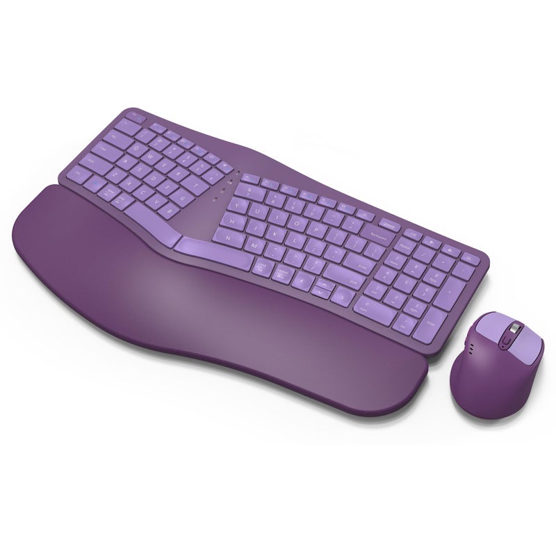 QUASIO MK960 Ergonomic Wireless Keyboard Mouse Combo, Bluetooth/2.4G Split Design Keyboard with Palm Rest and 4 Level DPI Adjustable Wireless Mouse Multi-Device, Rechargeable, for Windows/Mac/Android(Purple) - Image 1