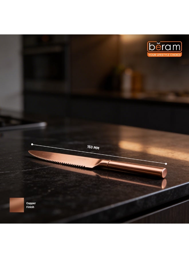 بيرام سكين طعام BERAM Copper Craft - سكين طاولة من الفولاذ المقاوم للصدأ 420 مع لمسة نهائية من النحاس PVD، أدوات مائدة وأدوات مطبخ متينة، سكين عشاء أنيق للمنزل والمطاعم والفنادق (قطعة واحدة) - Image 2