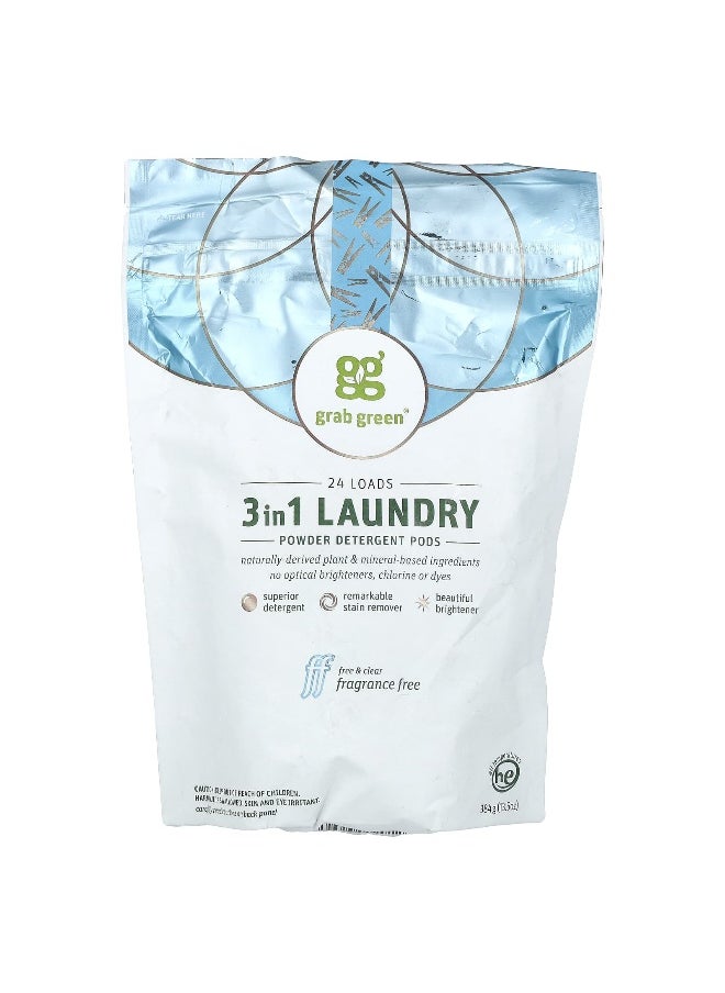 Grab Green Grab Green, 3-in-1 Laundry Powder Detergent Pods, Fragrance Free, 24 Loads, 13.5 oz (384 g)  - Image 1