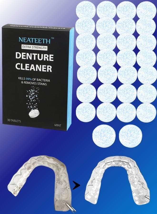 NEATEETH 30 Pcs Denture Cleaning Tablets Extra Strength Tablets 5 Minutes Clean Mouth Guard Night Removes Stain Plaque Odor for Dentures Retainer Cleaner for Night Guards and Mouth Guard Mint Flavor - Image 1