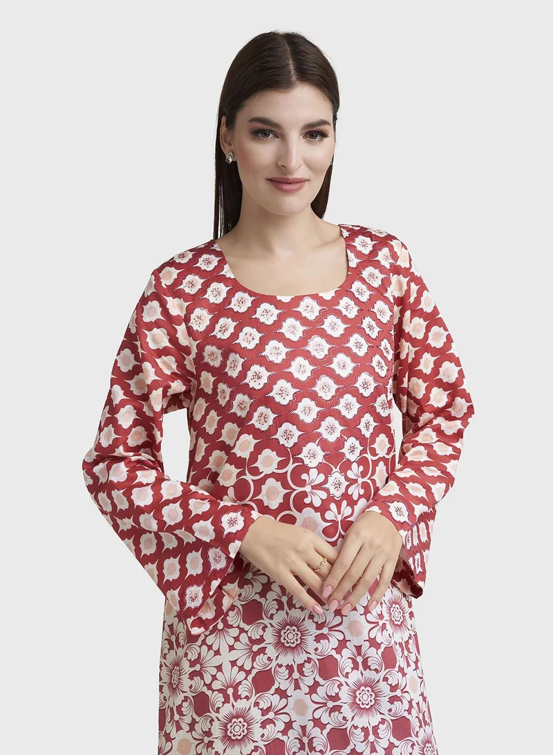 كشخة Maroon Cotton Satin Floral Print Jalabiya (VDK361)