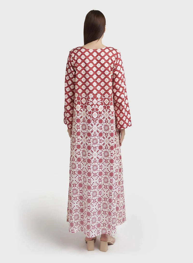 Kashkha  Maroon Cotton Satin Floral Print Jalabiya (VDK361) for Women | Best Price UAE