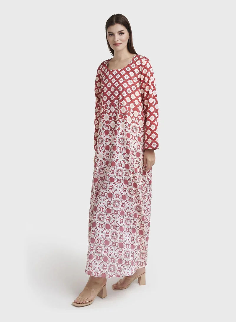 Kashkha  Maroon Cotton Satin Floral Print Jalabiya (VDK361) for Women | Best Price UAE