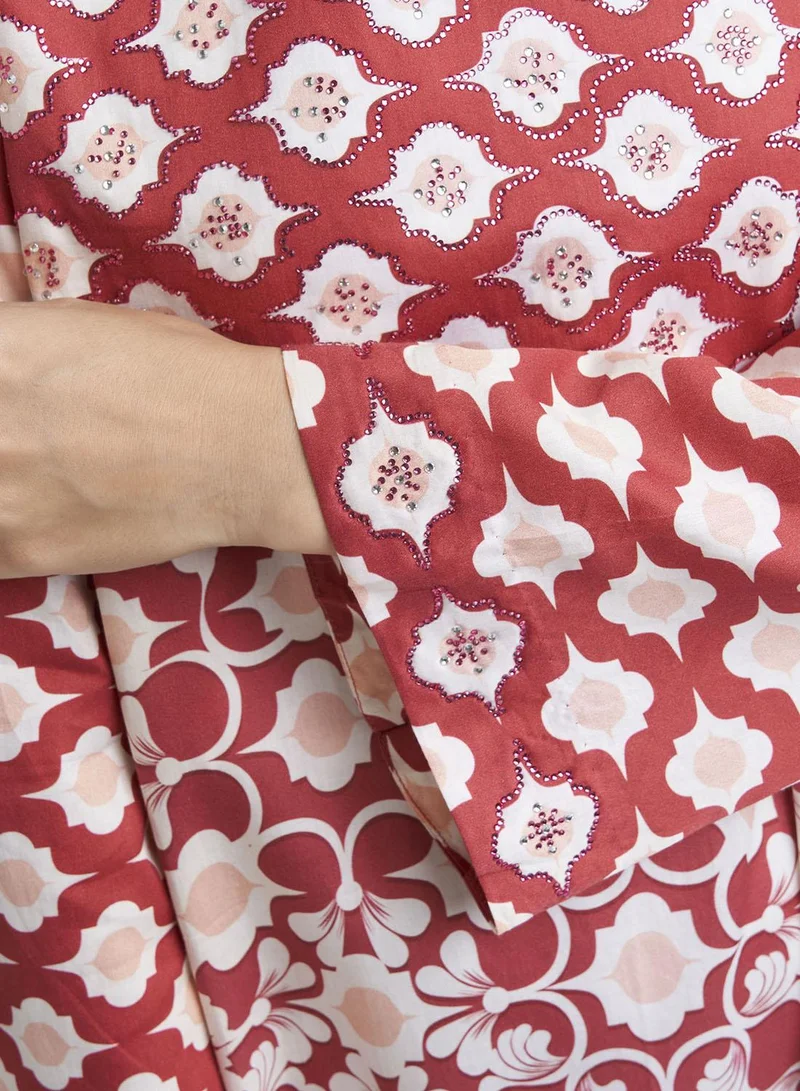 Kashkha  Maroon Cotton Satin Floral Print Jalabiya (VDK361) for Women | Best Price UAE