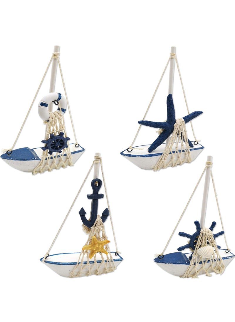 TIHOOD TIHOOD 4PCS Mini Sailboat Model Decoration Wooden Miniature Sailing Boat Home Decor Set Beach Nautical Design Navy Blue and White 44 x 68 Inch 